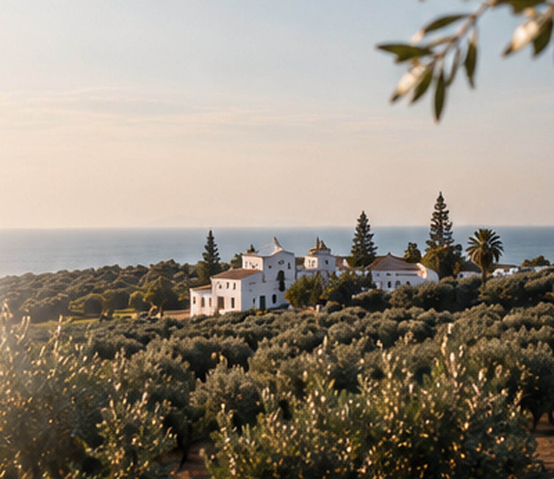 Olivar con un cortijo blanco junto al mar