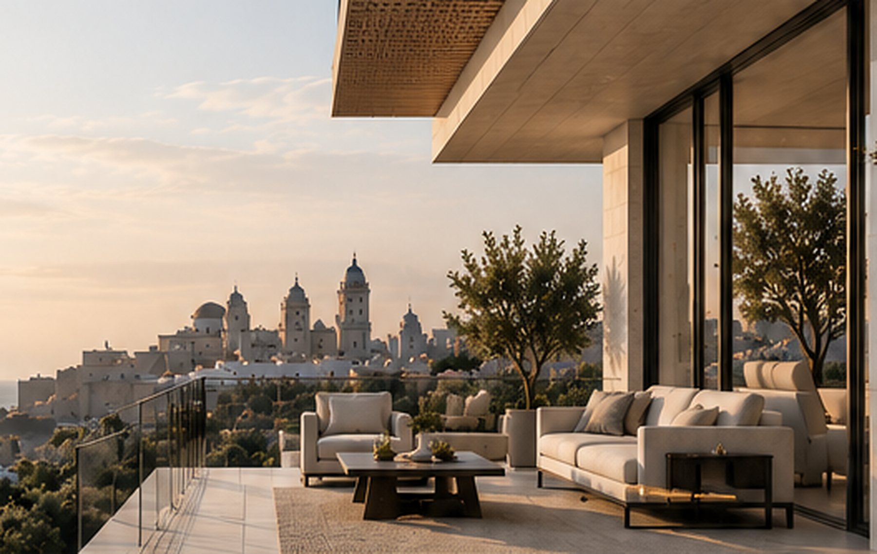 Terraza de una vivienda con vistas a Cádiz al atardecer